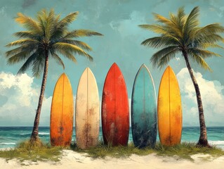 Colorful vintage surfboards on sandy beach beneath palm trees