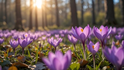 Obraz premium Purple Crocus Blossoms in a Sunlit Forest