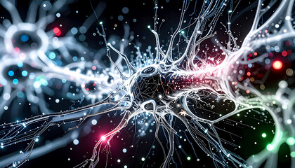 Complex dynamic cellular connections of neural networks with glowing lines and nodes in shades of blue, violet and neon green in the flow of signals and substances