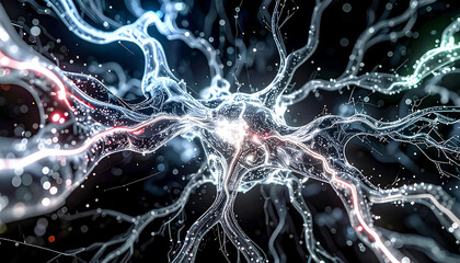 Complex dynamic cellular connections of neural networks with glowing lines and nodes in shades of blue, violet and neon green in the flow of signals and substances