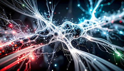 Complex dynamic cellular connections of neural networks with glowing lines and nodes in shades of blue, violet and neon green in the flow of signals and substances
