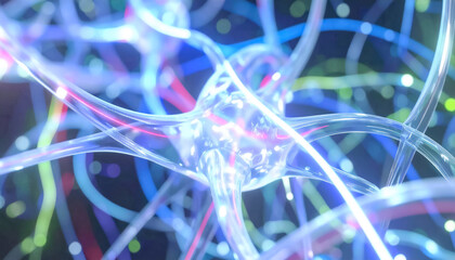 Complex dynamic cellular connections of neural networks with glowing lines and nodes in shades of blue, violet and neon green in the flow of signals and substances
