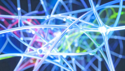 Complex dynamic cellular connections of neural networks with glowing lines and nodes in shades of blue, violet and neon green in the flow of signals and substances