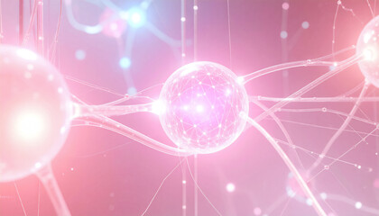 Complex dynamic cellular connections of neural networks with glowing lines and nodes in shades of blue, violet and neon green in the flow of signals and substances