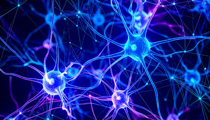 Complex dynamic cellular connections of neural networks with glowing lines and nodes in shades of blue, violet and neon green in the flow of signals and substances