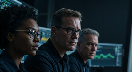 A team of cybersecurity analysts, including a young African American woman and a middle-aged Caucasian man, collaborating in a dark operations room, multiple screens showing real-time threat analysis