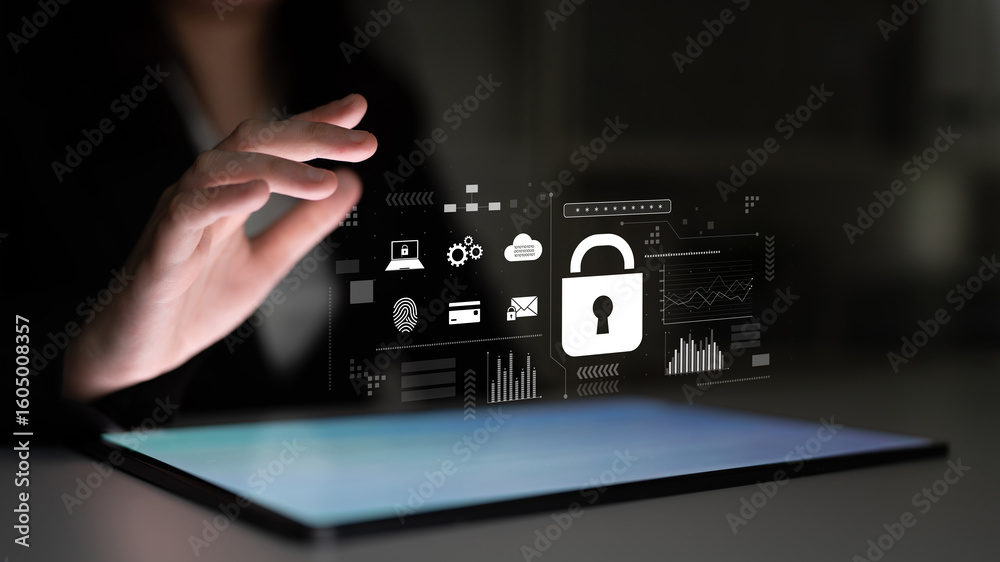 Poster digital cyber security lock system highlighting data security encryption, cyber password protection,