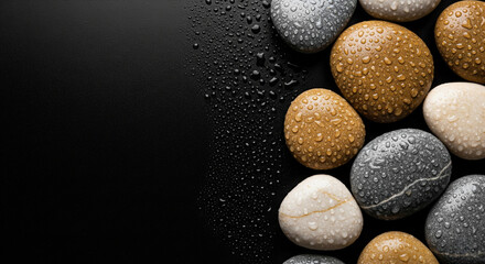 Colorful wet pebbles scattered naturally across a smooth dark surface
