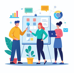 Business Strategy Planning – Three Team Members in Flat Design on White Background
