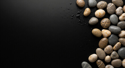Colorful wet pebbles scattered naturally across a smooth dark surface