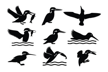 Silhouettes of various water birds in dynamic poses showcasing fishing and flight actions