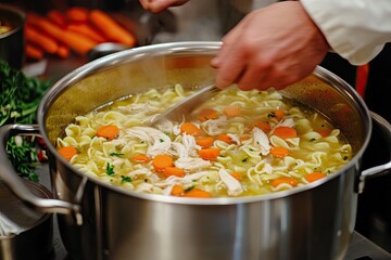 A chef stirring a pot of homemade chicken noodle soup in a professional kitchen, with ingredients like carrots, onions, and noodles visible 