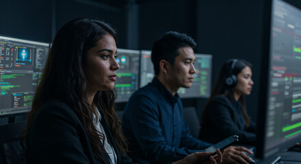 A team of cybersecurity analysts, including a Hispanic woman with long dark hair and an Asian man with short black hair, in a dark operations room during a security breach, screens showing intrusion