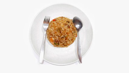 Seafood fried rice served on white plate isolated on white background. Food presentation business