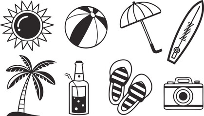Summer Beach Vacation Icon Set – Palm, Umbrella, Bikini, Sun Hat, Drink, Ball