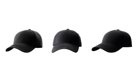 Black baseball cap template set, isolated on a white background. Includes three different angles, a mockup template design collection for sport and fashion product presentation,
