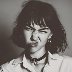 Professional photo of a young, successful fashionista grimacing in front of the camera. Lifestyle art-session.