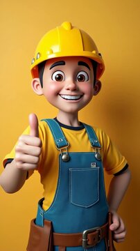 A young pseudo 3d cartoon child wearing a yellow hard hat and blue overalls gives a thumbs-up against a bright yellow background, showcasing enthusiasm for building and construction.