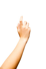 A single human hand with fingers extended is isolated on a white background, pointing upward....