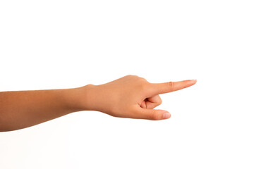 A human hand with light brown skin is pointing with the index finger, isolated on a white...