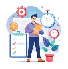 Time Management Vector – Businessperson Standing on White Background in Flat Color Style