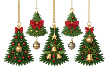 Five hanging Christmas trees with ornaments isolated on a transparent background