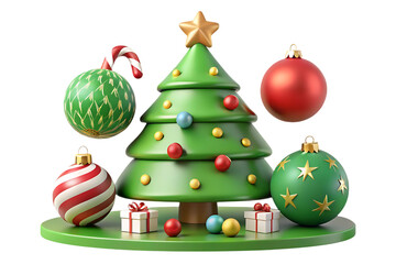 Green Christmas tree with ornaments and gifts isolated on a transparent background
