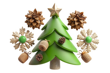 Green Christmas tree with ornaments isolated on a transparent background