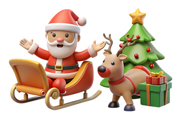 Santa Claus reindeer and Christmas tree isolated on a transparent background