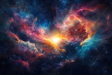 A vibrant display of cosmic nebulae, showcasing swirling clouds of colorful gas and stardust.