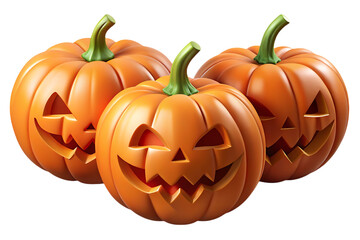 Three carved Halloween pumpkins isolated on a transparent background