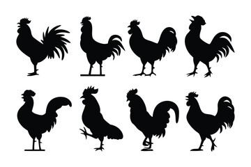 Collection of eight distinct black rooster silhouettes showcasing various poses and proud stances against a white background