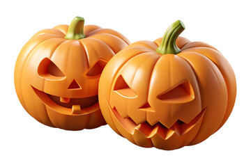 Two carved Halloween pumpkins with green stems isolated on a transparent background