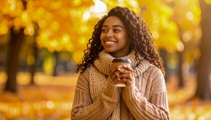 A woman with curly hair is smiling and holding a coffee cup. Concept of warmth and comfort, as the woman is enjoying a hot beverage on a pleasant autumn day. The scene suggests a moment of relaxation