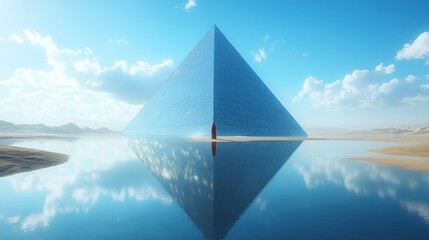 Futuristic pyramid reflected in tranquil water