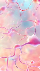 Abstract networks forming connections. Soft pink light shines upon them. Network branches extend across space. Light blue colors the background. Close view of structures.