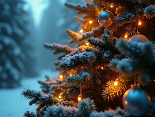 Close up of a snow covered christmas tree with warm lights and ornaments in a winter forest