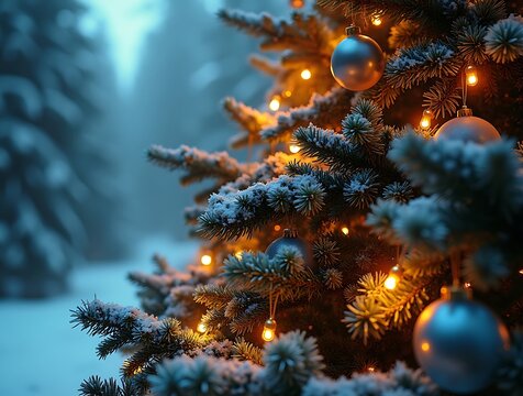 Close up of a snow covered christmas tree with warm lights and ornaments in a winter forest