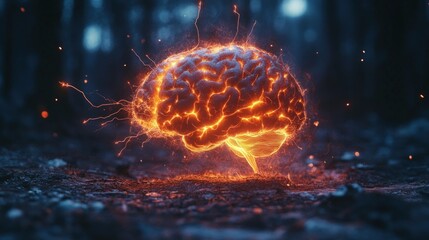 Illuminated brain in a forest