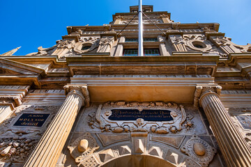 Architectural fragment of Leiden City Hall (Stadhuis). The facade of the City Hall dates from 1595.