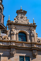 Architectural fragment of Leiden City Hall (Stadhuis). The facade of the City Hall dates from 1595.