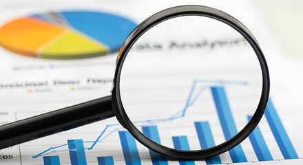 Magnifying glass examining financial charts and graphs highlighting business analysis and data interpretation