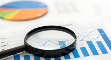 A magnifying glass is placed over a financial report featuring a bar graph and line chart. A blurred pie chart is visible in the background, suggesting data analysis.