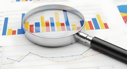 Magnifying glass examining colorful bar graphs and line charts on financial reports