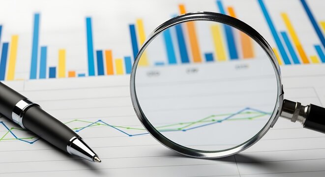 Magnifying glass and pen examining colorful financial bar and line graphs on a white surface - Powered by Adobe