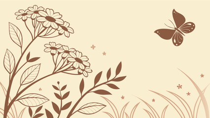 Illustration of flowers and leaves with a butterfly on a beige background in brown color scheme