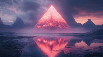 Pink pyramid reflecting on tranquil lake