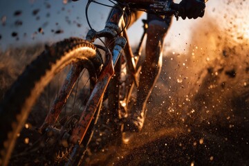 Cyclist navigating a mountain trail on a bike, splashing through mud and dirt at golden hour, with dust particles illuminated in the sunset glow.