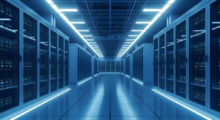 Illuminated futuristic server room corridor with rows of glowing blue data racks and ceiling lights