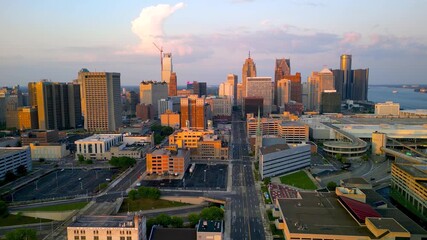 Aerial view of Detroit downtown famous buildings under evening sunlight. Second biggest metropolitan area in American mid west.